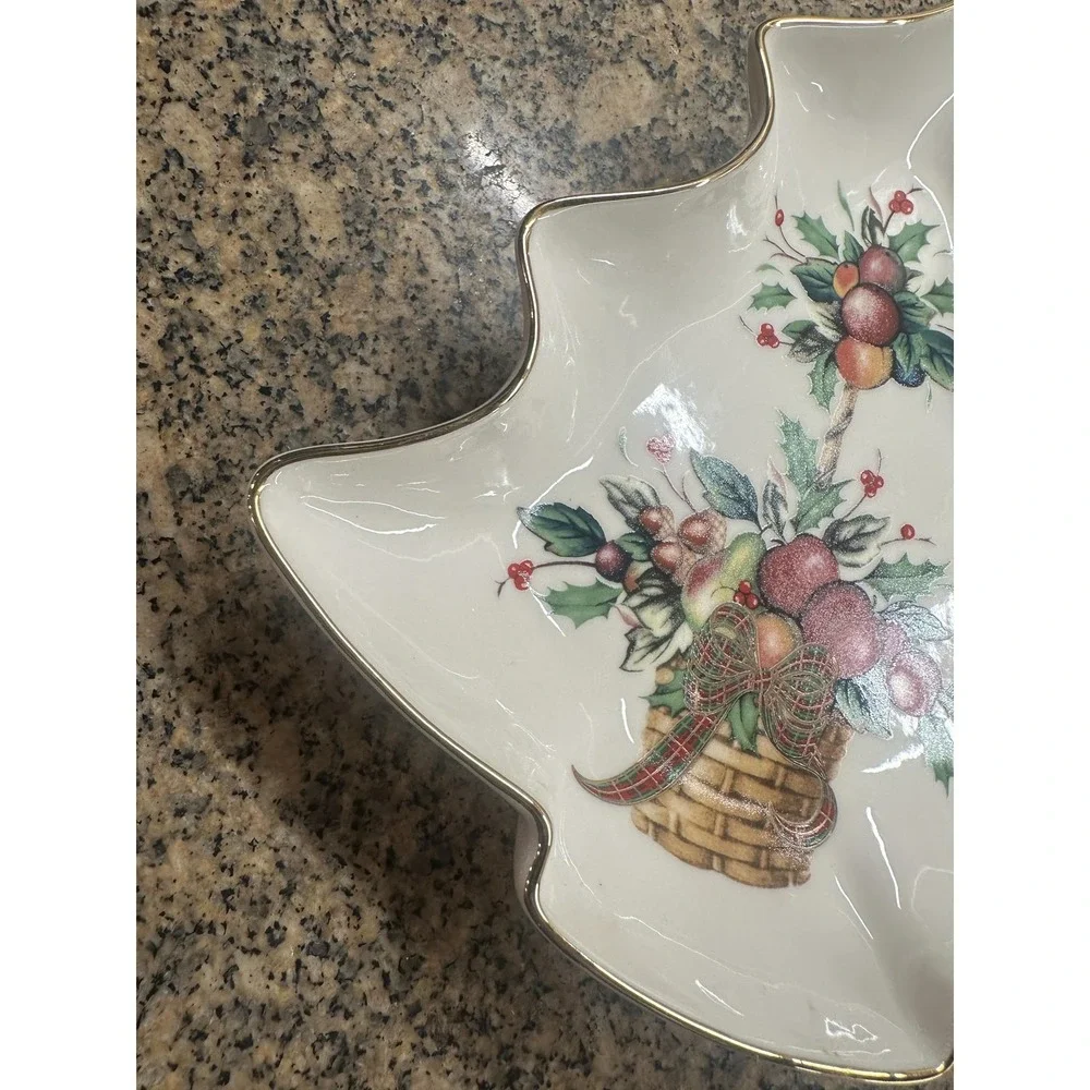 Lenox‎ Holiday Tartan Tree Candy Dish Christmas Serving Plate Bowl Gold Rim